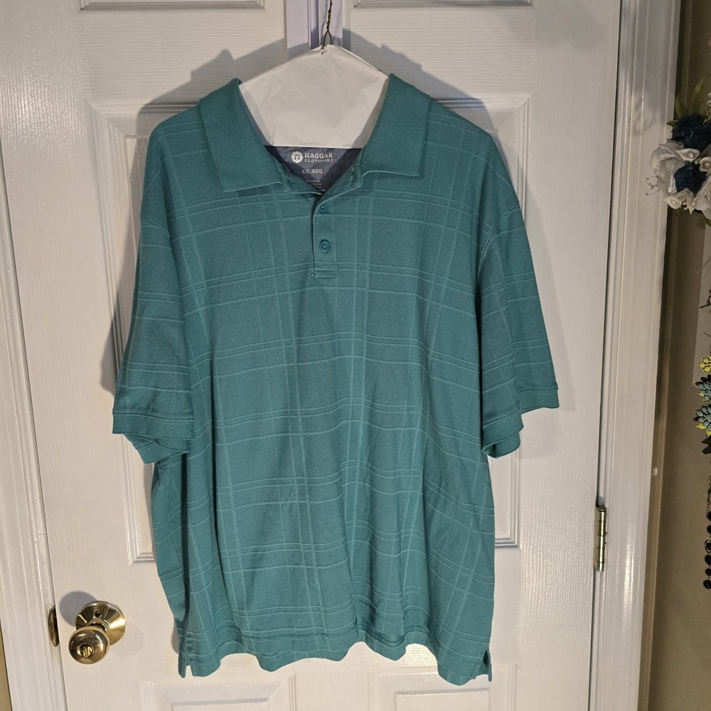 Haggar Clothing Men's Polo Shirt Sort Sleeve Cotton Blend Plaid Turquoise Sz XXL